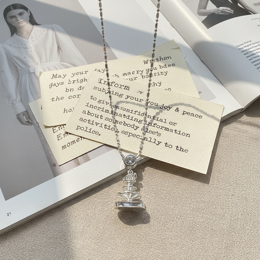 Vintage fountain necklace in S925 silver with zircon stones - front view showing ornate design