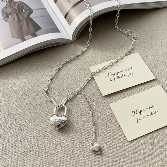 S925 Sterling Silver Heart Lock Necklace - Front View of Double Heart Lock Clasp