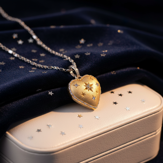 Side view of reversible heart necklace in S925 silver with 18K gold plating showing dual-sided design