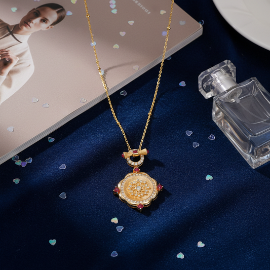 Vintage rose window necklace in S925 silver with 18K gold plating - front view showing Gothic cathedral design