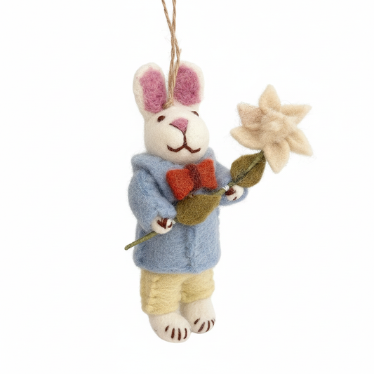 Gentleman bunny wool felt charm on white background - handcrafted pendant with flower detail