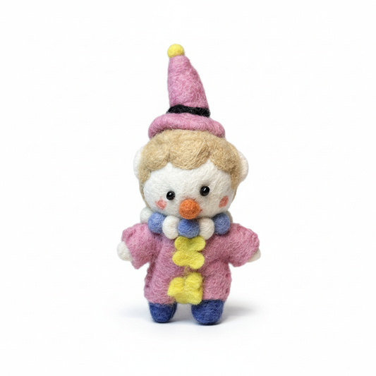 Pastel circus clown wool felt charm on white background - handcrafted pendant detail