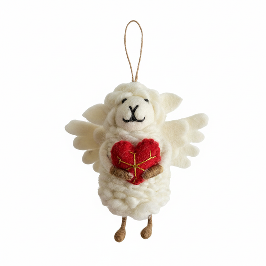 Angel heart wool felt lamb charm on white background - handcrafted pendant detail