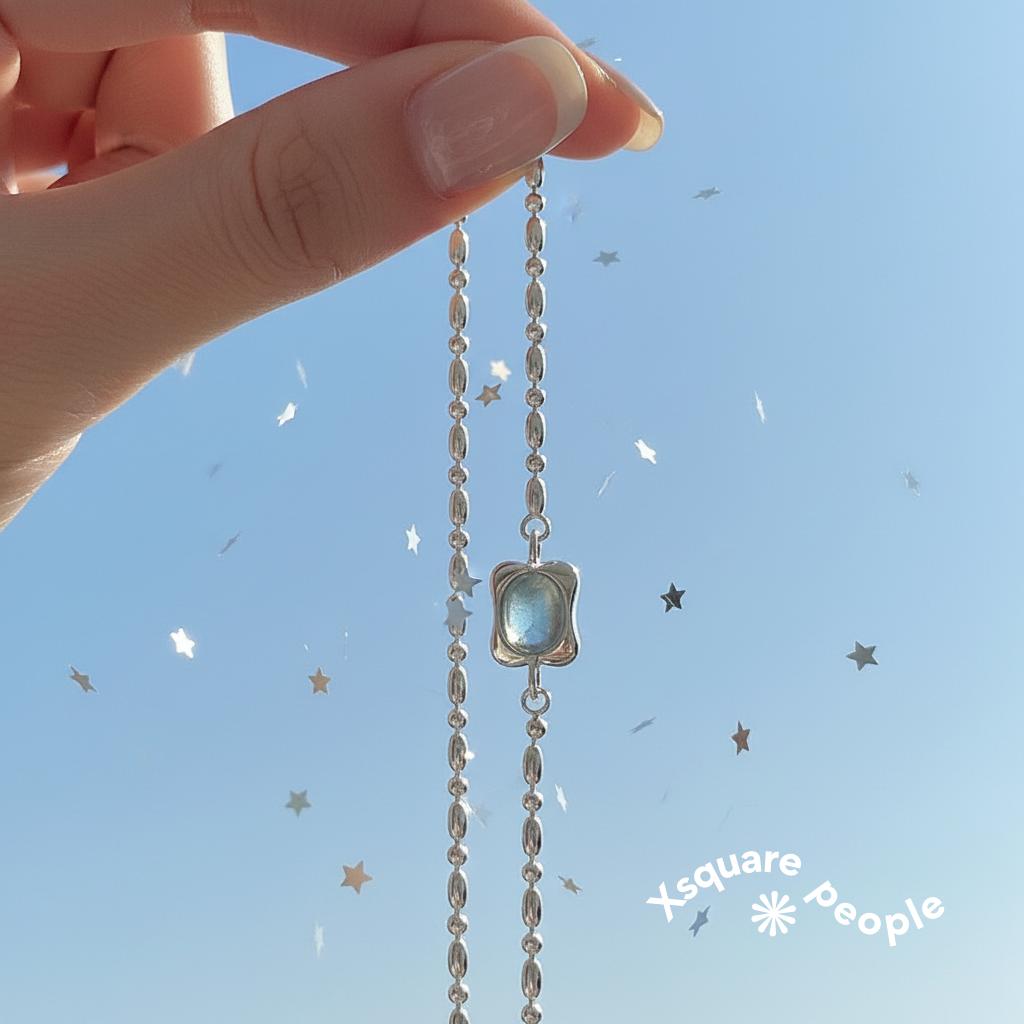 S925 sterling silver vintage aquamarine necklace with beaded chain pendant - main product view
