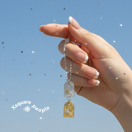 S925 sterling silver vintage floral necklace with two-tone double tag pendant - main product view
