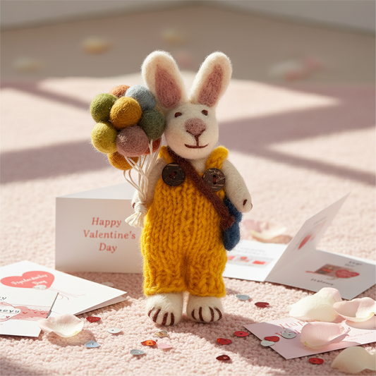 Handmade wool felt bunny charm with balloon in overalls - Nepalese artisan pendant ornament
