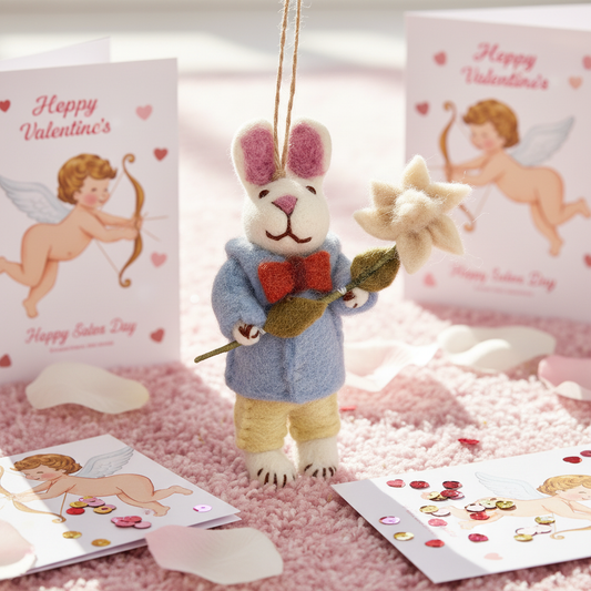 Handmade wool felt bunny charm gentleman with flower - Nepalese artisan pendant ornament
