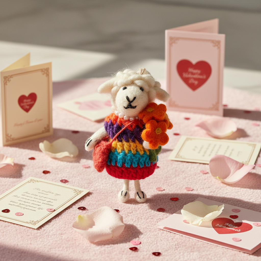 Handmade wool felt sheep charm with rainbow bouquet - Nepalese artisan pendant ornament
