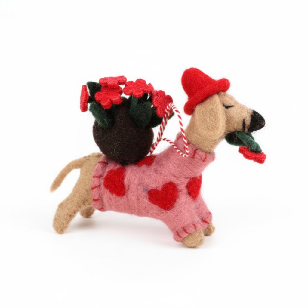 Sweetheart rose pup wool felt charm on white background - handcrafted pendant detail
