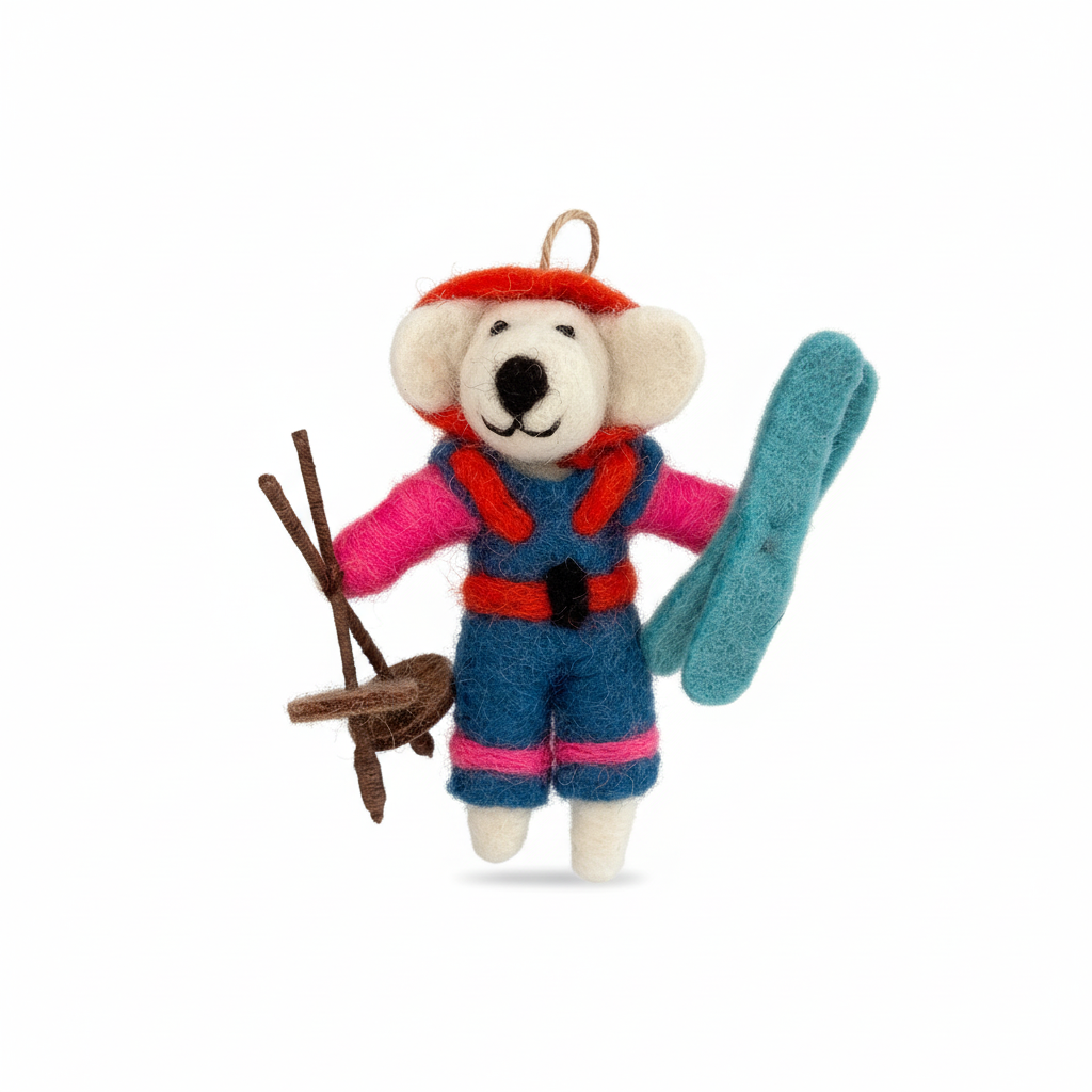 Ski adventure wool felt dog charm on white background - handcrafted pendant detail
