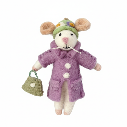 Lavender purple wool felt mouse charm on white background - handcrafted pendant detail
