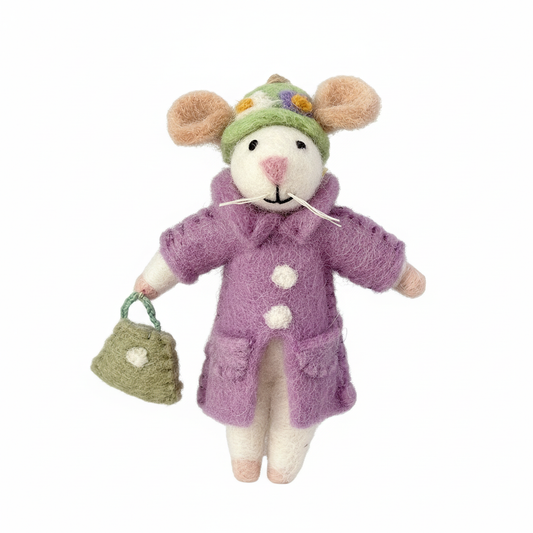 Lavender purple wool felt mouse charm on white background - handcrafted pendant detail

