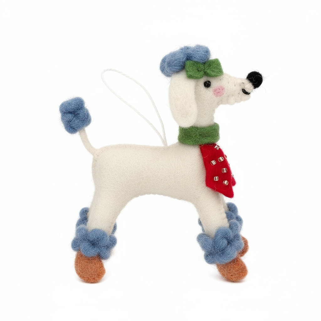 Chic poodle wool felt charm on white background - handcrafted pendant detail
