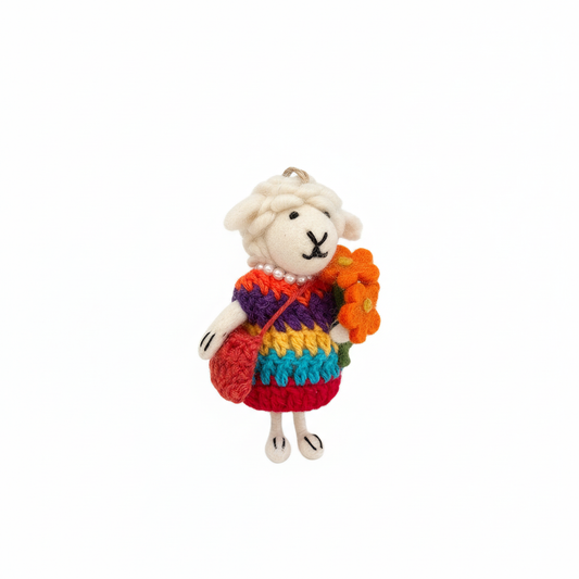 Rainbow bouquet wool felt sheep charm on white background - handcrafted pendant detail
