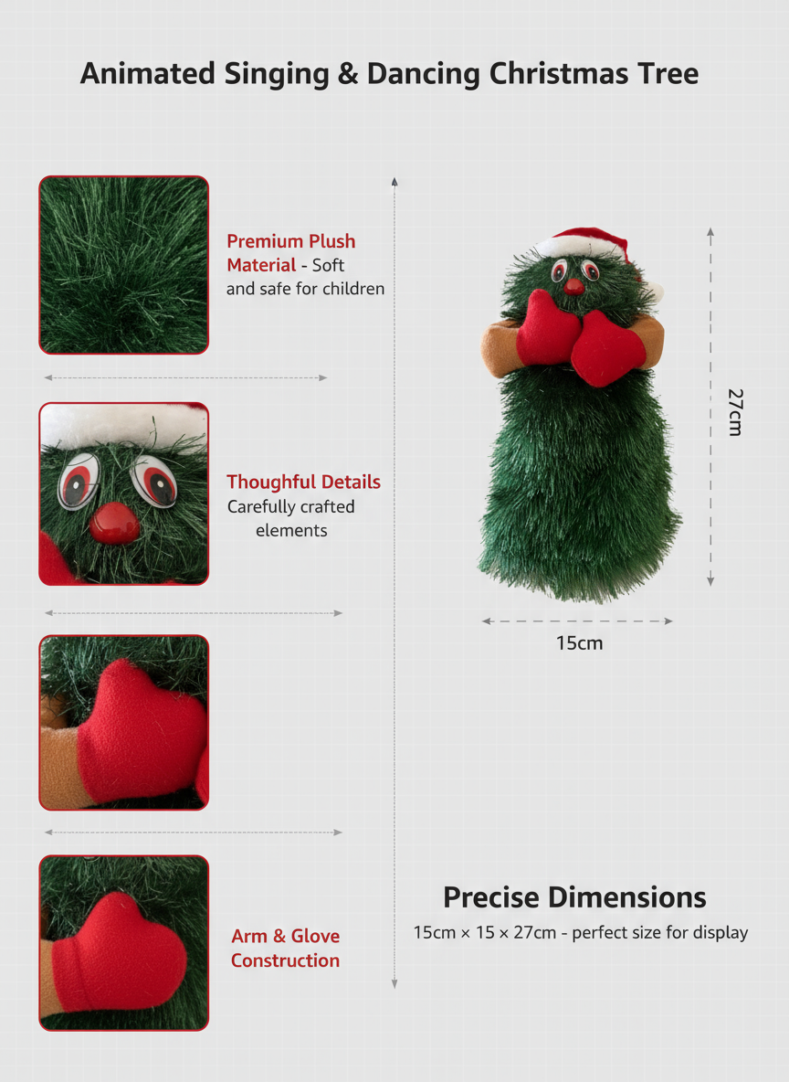 Close-up detail of dancing Christmas tree showing musical features and decorations
