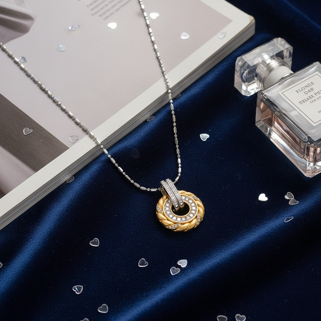 S925 sterling silver growth ring pendant necklace - alternate front view with 18K gold finish
