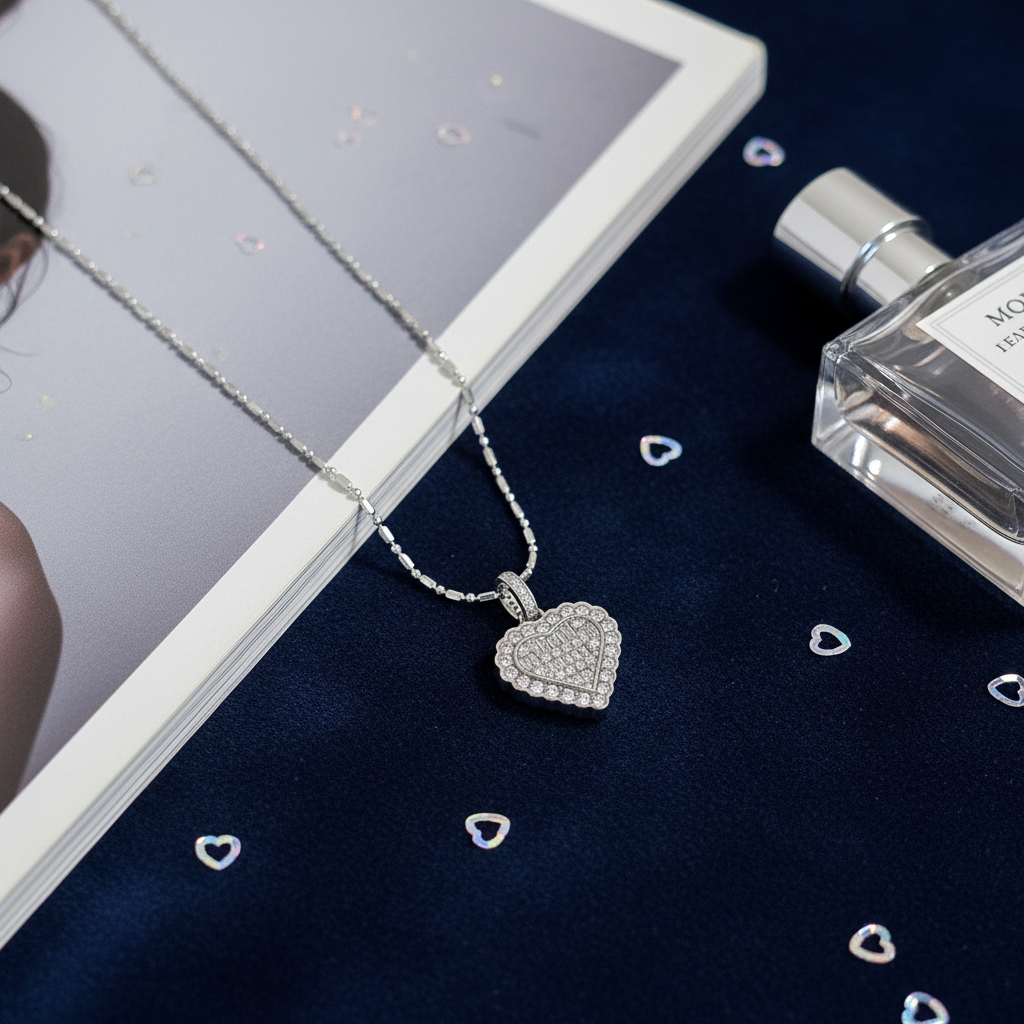 Close-up detail of S925 silver heart pendant with 18K gold plating and intricate engraving
