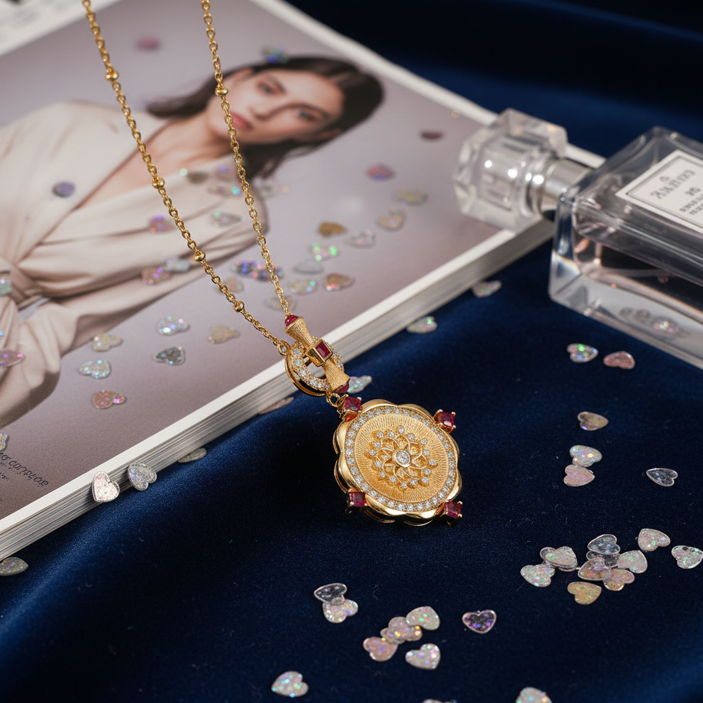 Side view of S925 silver rose window pendant with 18K gold finish and intricate vintage pattern
