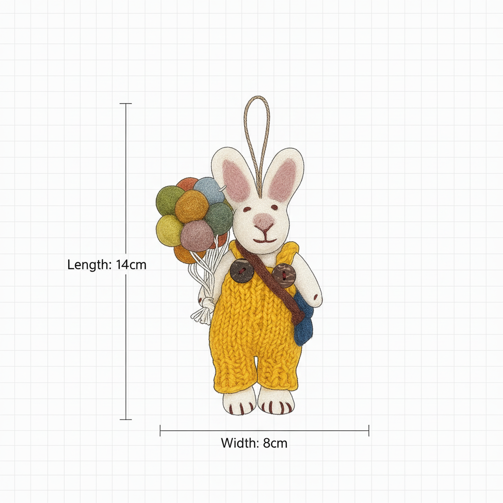 Wool felt bunny charm size chart - handmade balloon bunny in overalls pendant dimensions
