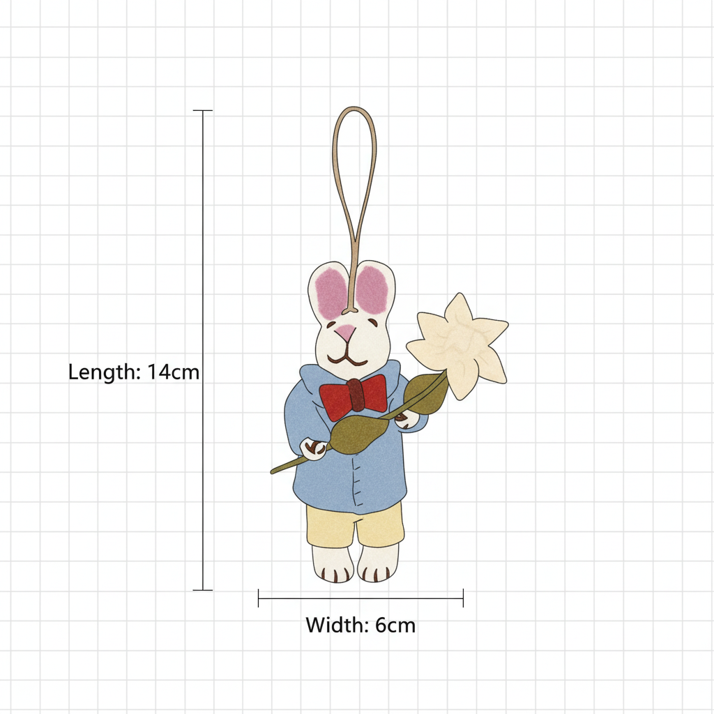 Wool felt bunny charm size chart - handmade gentleman bunny pendant dimensions
