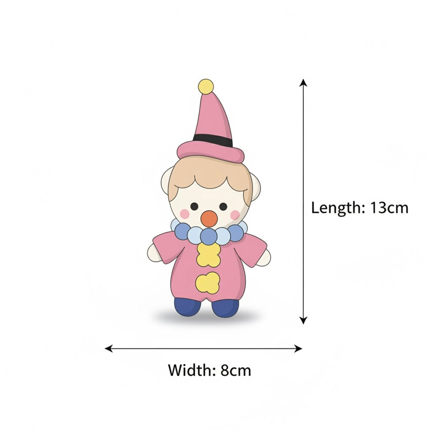 Wool felt clown charm size chart - handmade pastel circus pals pendant dimensions
