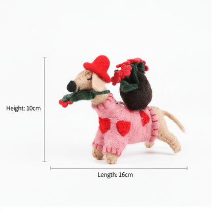 Wool felt dog charm size chart - handmade sweetheart rose pup pendant dimensions
