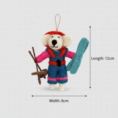 Wool felt dog charm size chart - handmade ski adventure pup pendant dimensions
