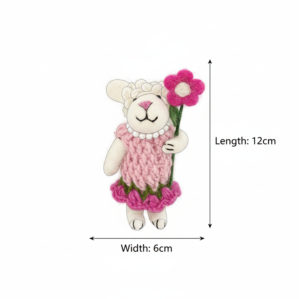 Wool felt lamb charm size chart - handmade blush pink bloom pendant dimensions
