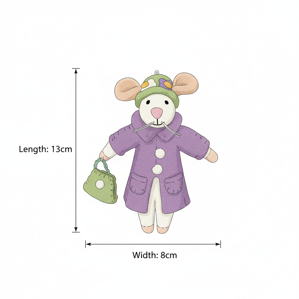 Wool felt mouse charm size chart - handmade lavender purple pendant dimensions
