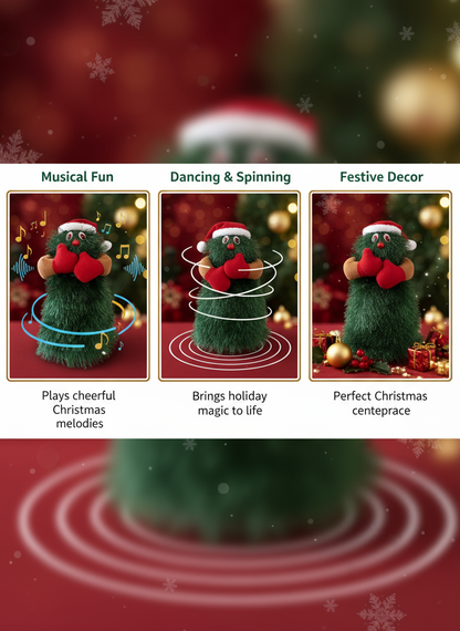 Detailed view of musical Christmas tree ornament showing animated dancing mechanism
