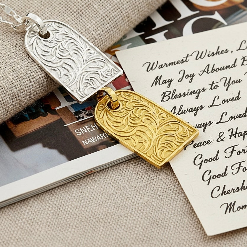 Detailed zoom of vintage floral necklace with S925 sterling silver and dual-tone tag design
