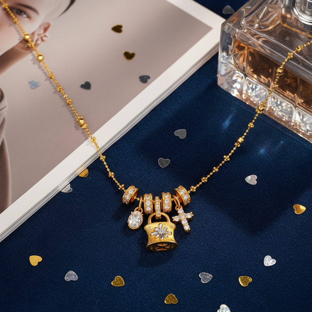 Close-up detail of lock cross necklace showing S925 silver craftsmanship and 23K gold plating
