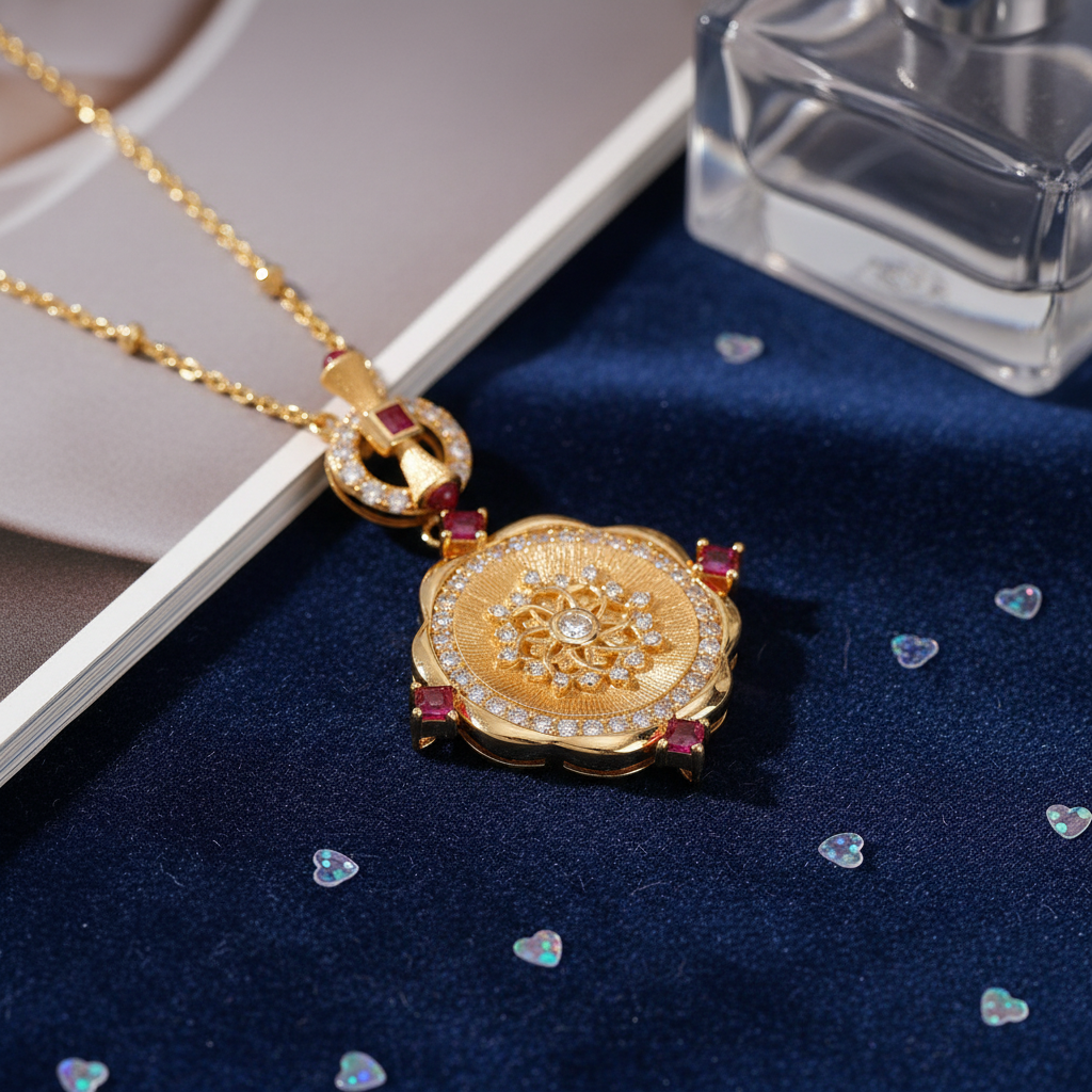 Close-up detail of rose window necklace showing S925 sterling silver craftsmanship and 18K gold plating
