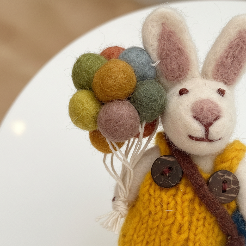 Close-up detail of handmade wool felt balloon bunny showing overalls and artisan craftsmanship
