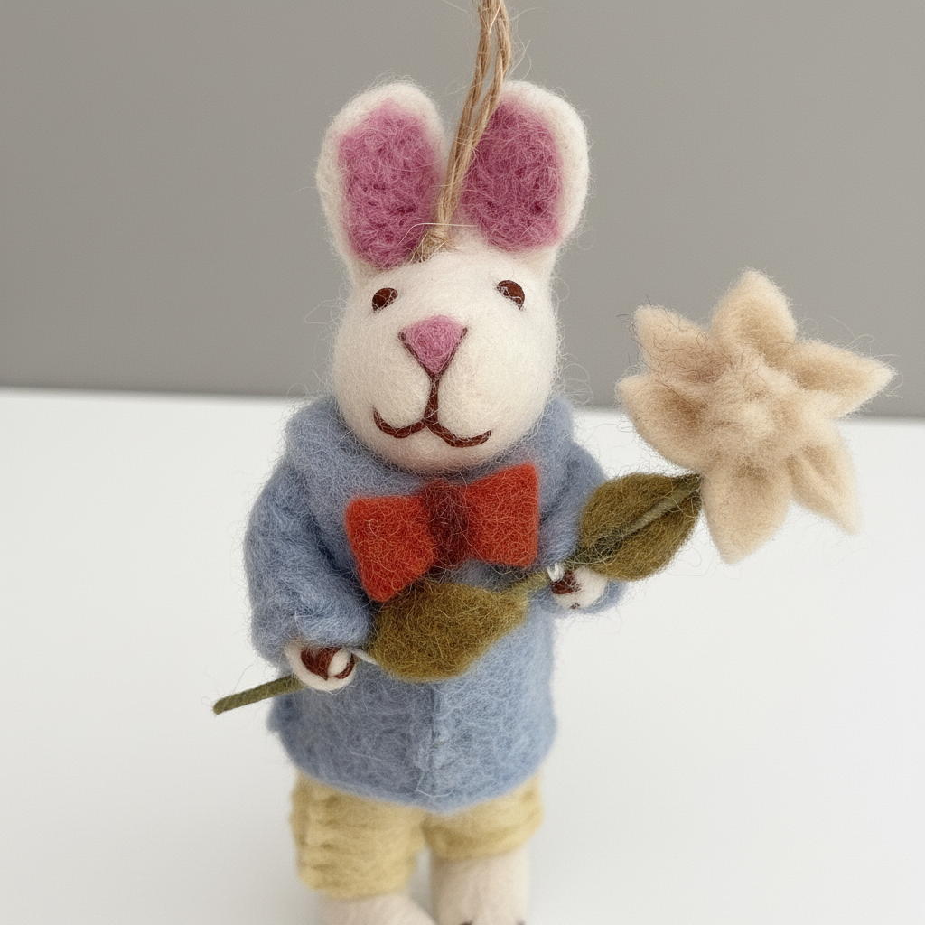 Close-up detail of handmade wool felt gentleman bunny showing flower and artisan craftsmanship

