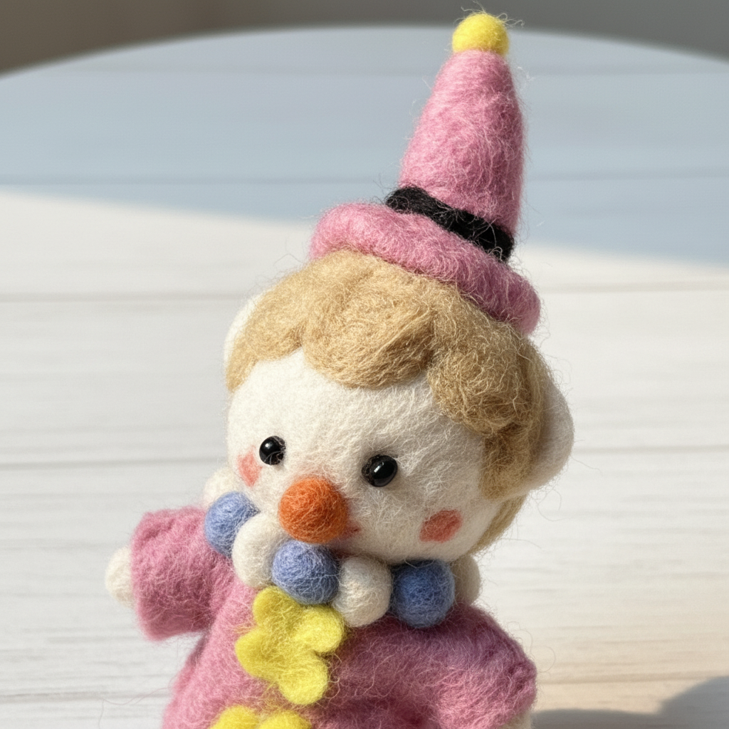 Close-up detail of handmade wool felt clown showing pastel colors and artisan craftsmanship
