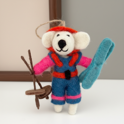 Close-up detail of handmade wool felt ski dog showing artisan craftsmanship
