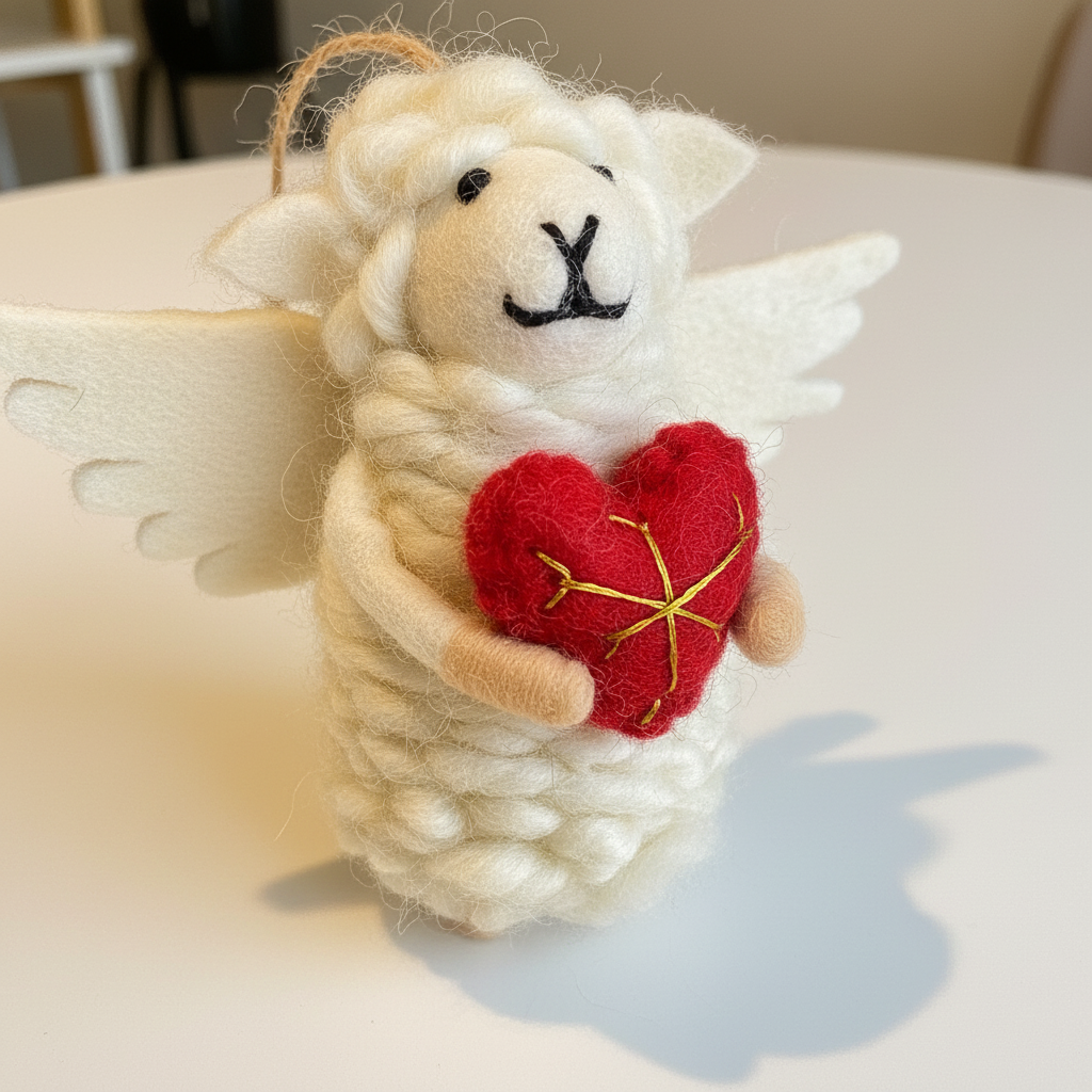 Close-up detail of handmade wool felt lamb showing angel heart and artisan craftsmanship

