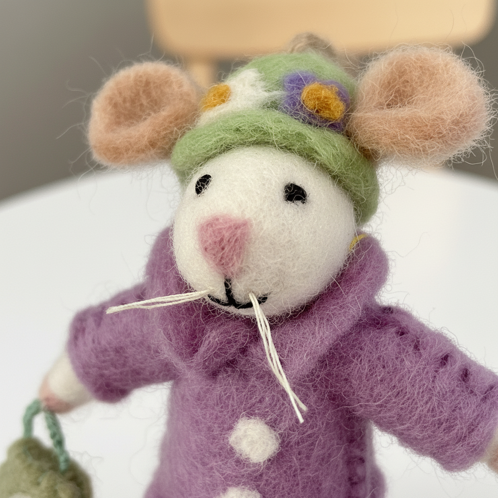 Close-up detail of handmade wool felt mouse showing lavender purple craftsmanship
