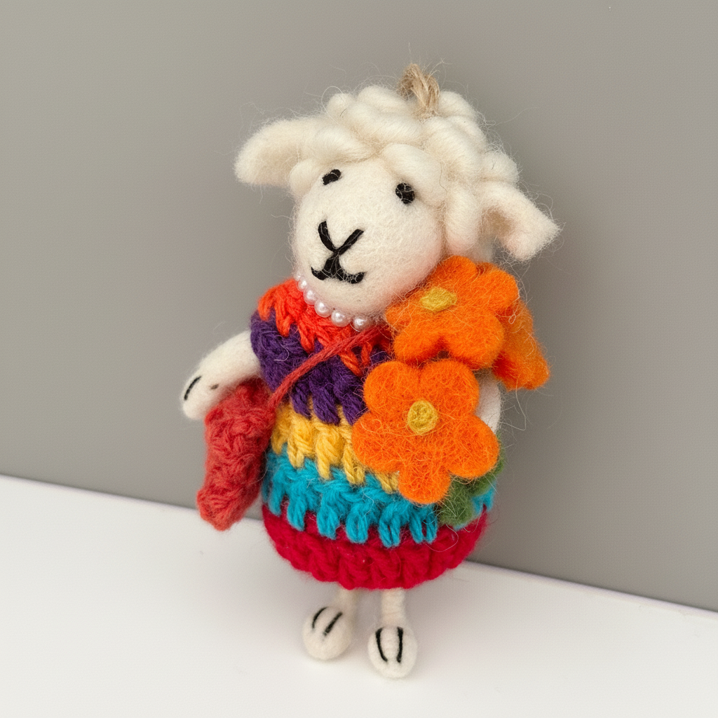 Close-up detail of handmade wool felt sheep showing rainbow bouquet and artisan craftsmanship
