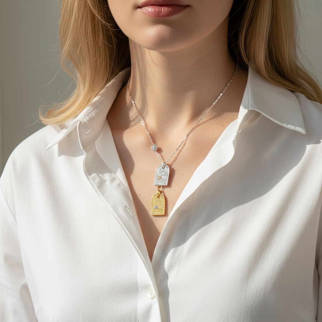 Woman wearing S925 sterling silver vintage floral necklace - lifestyle photo with two-tone tags
