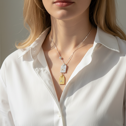 Woman wearing S925 sterling silver vintage floral necklace - lifestyle photo with two-tone tags
