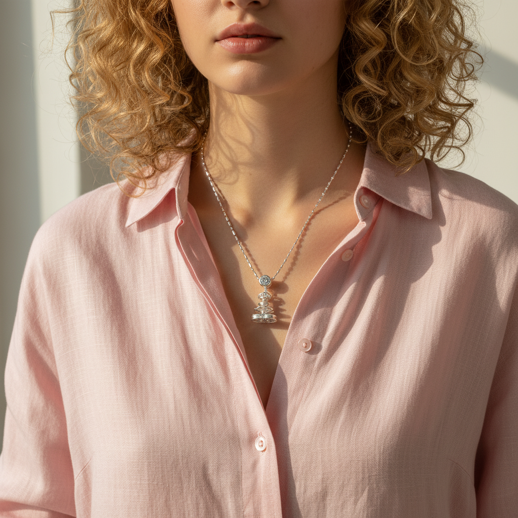 Woman wearing S925 sterling silver vintage fountain necklace - lifestyle photo with zircon pendant

