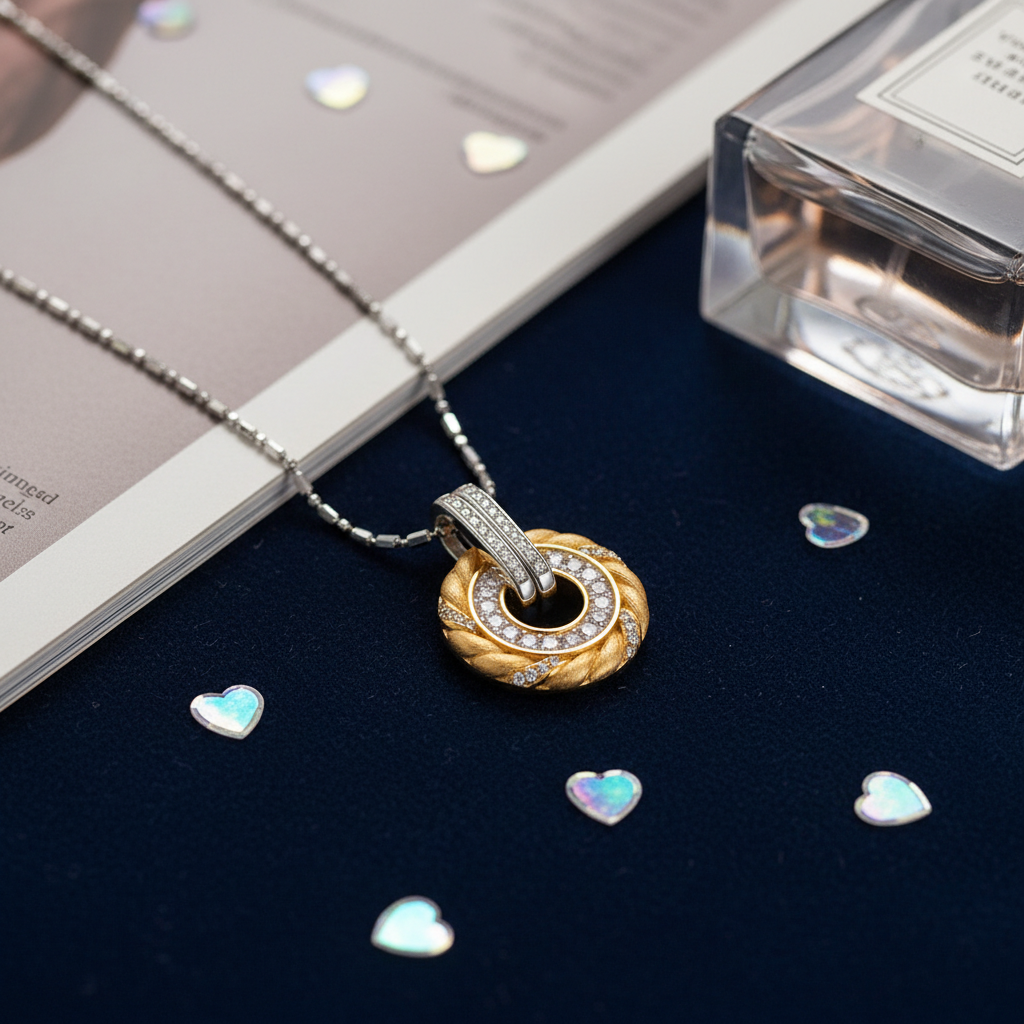 Detailed zoom of reversible growth ring pendant showing sterling silver craftsmanship and gold accents
