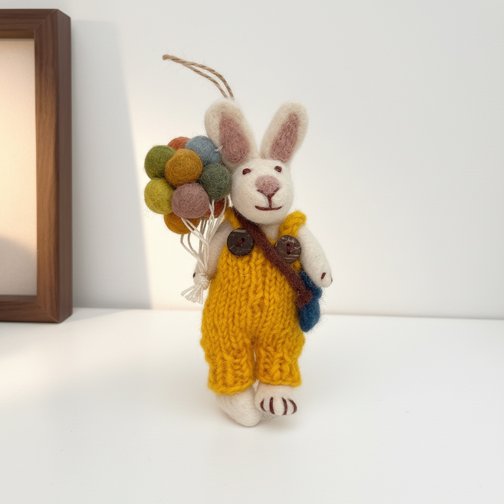 Front view of handmade Nepalese wool felt balloon bunny charm in overalls
