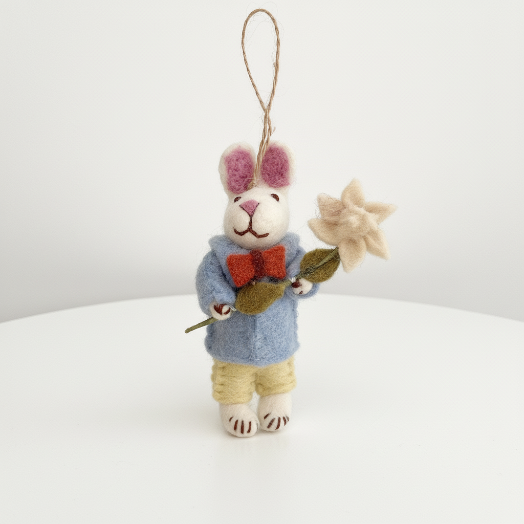 Front view of handmade Nepalese wool felt gentleman bunny charm with flower
