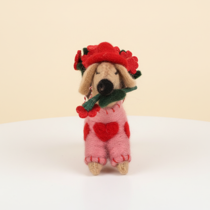 Front view of handmade Nepalese wool felt sweetheart rose dog charm
