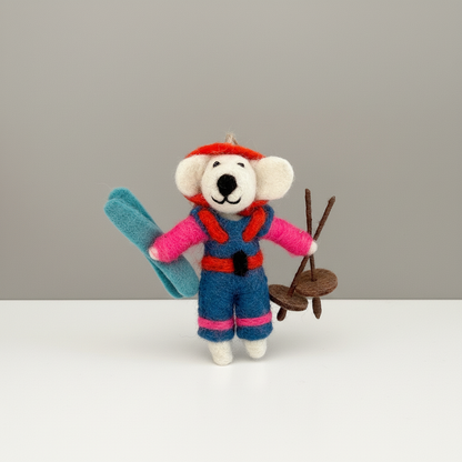 Front view of handmade Nepalese wool felt ski adventure dog charm
