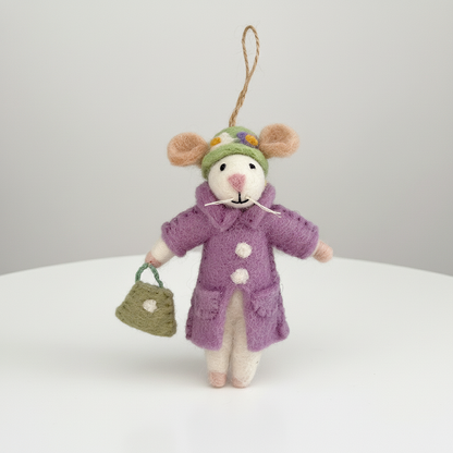 Front view of handmade Nepalese wool felt mouse charm in lavender purple
