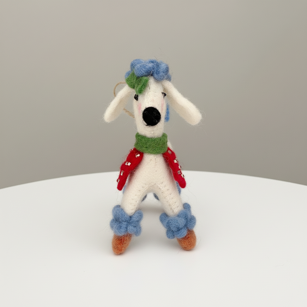 Front view of handmade Nepalese wool felt chic poodle charm
